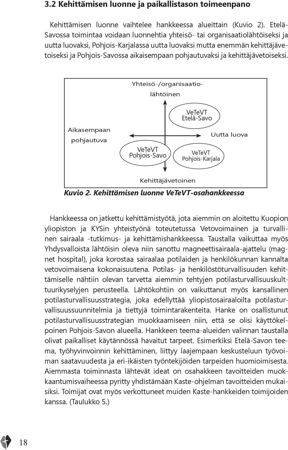 pohjautuvaksi ja kehittäjävetoiseksi. Yhteisö-/organisaatiolähtöinen VeTeVT Etelä-Savo Aikasempaan pohjautuva VeTeVT Pohjois-Savo VeTeVT Pohjois-Karjala Uutta luova Kehittäjävetoinen Kuvio 2.