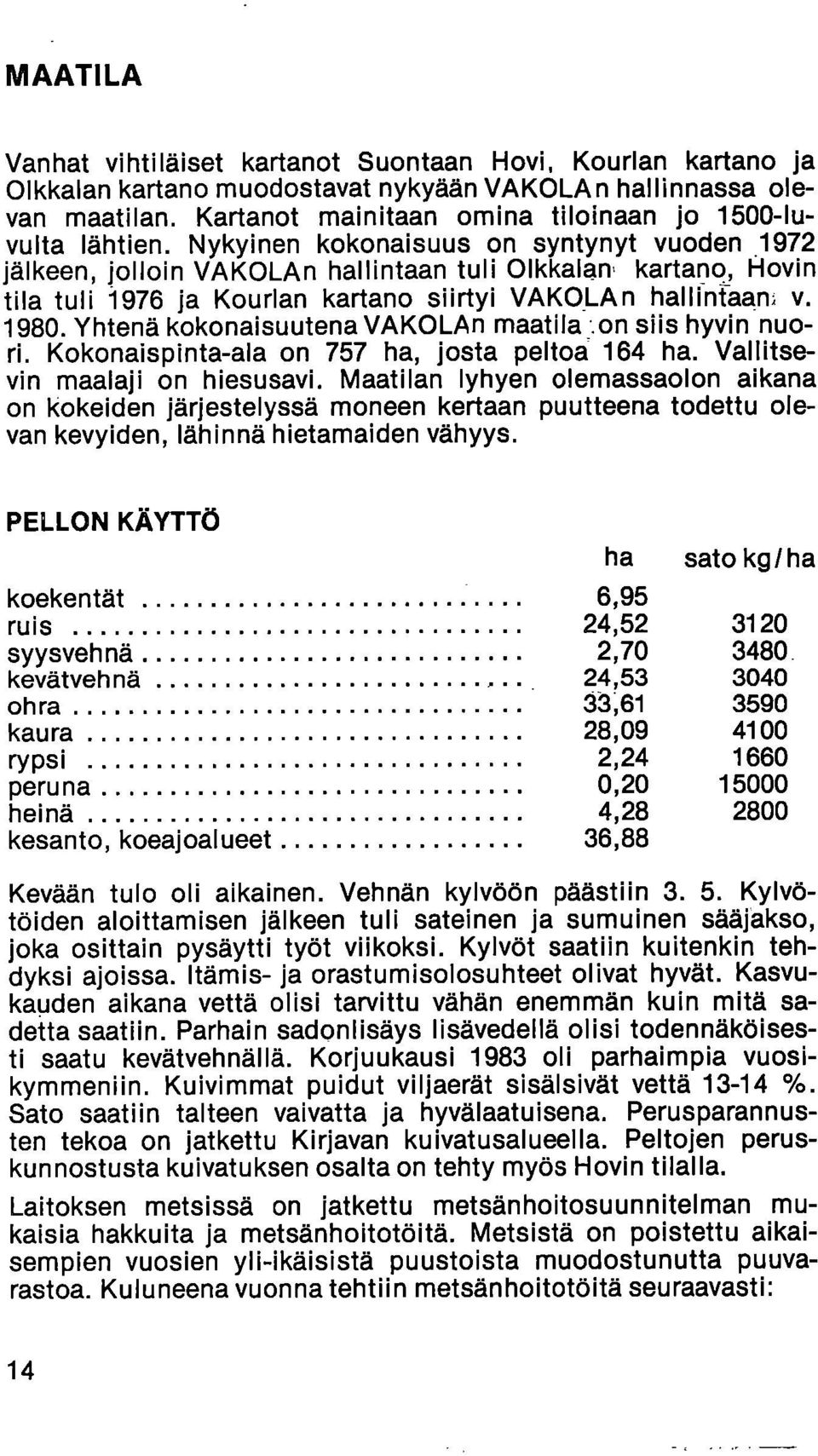 Nykyinen kokonaisuus on syntynyt vuoden 1972 jälkeen, jolloin VAKOLAn hallintaan tuli Ikkalan, kartano, Hovin tila tuli 1976 ja Kourlan kartano siirtyi VAKOLAn hallinfaan, v. 1980.