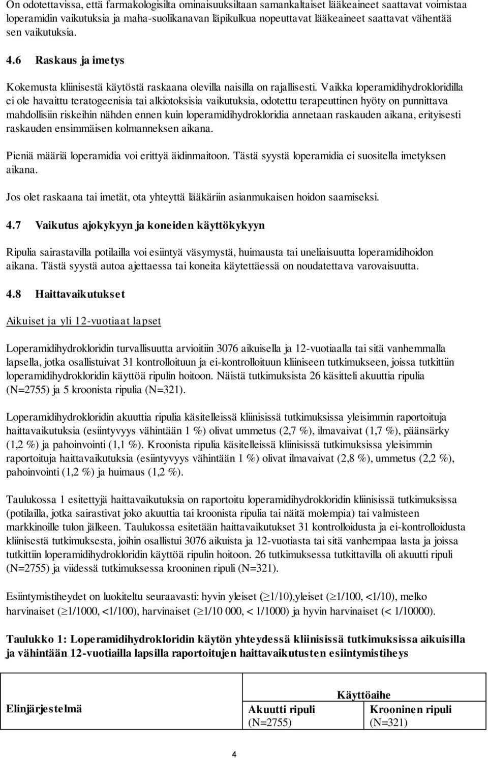 Vaikka loperamidihydrokloridilla ei ole havaittu teratogeenisia tai alkiotoksisia vaikutuksia, odotettu terapeuttinen hyöty on punnittava mahdollisiin riskeihin nähden ennen kuin