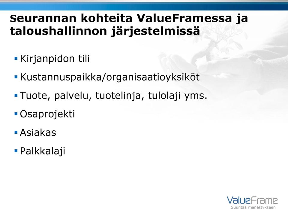 Kustannuspaikka/organisaatioyksiköt Tuote,