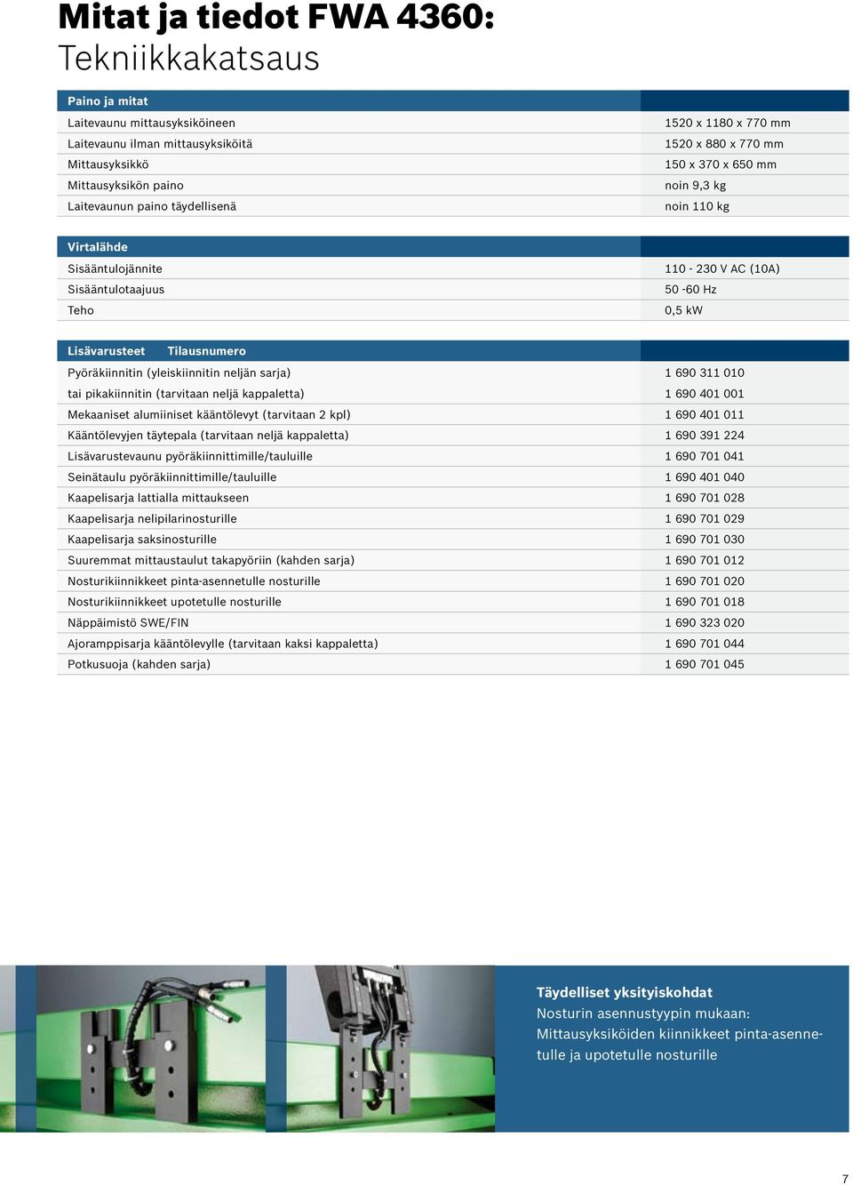 Pyöräkiinnitin (yleiskiinnitin neljän sarja) 1 690 311 010 tai pikakiinnitin (tarvitaan neljä kappaletta) 1 690 401 001 Mekaaniset alumiiniset kääntölevyt (tarvitaan 2 kpl) 1 690 401 011