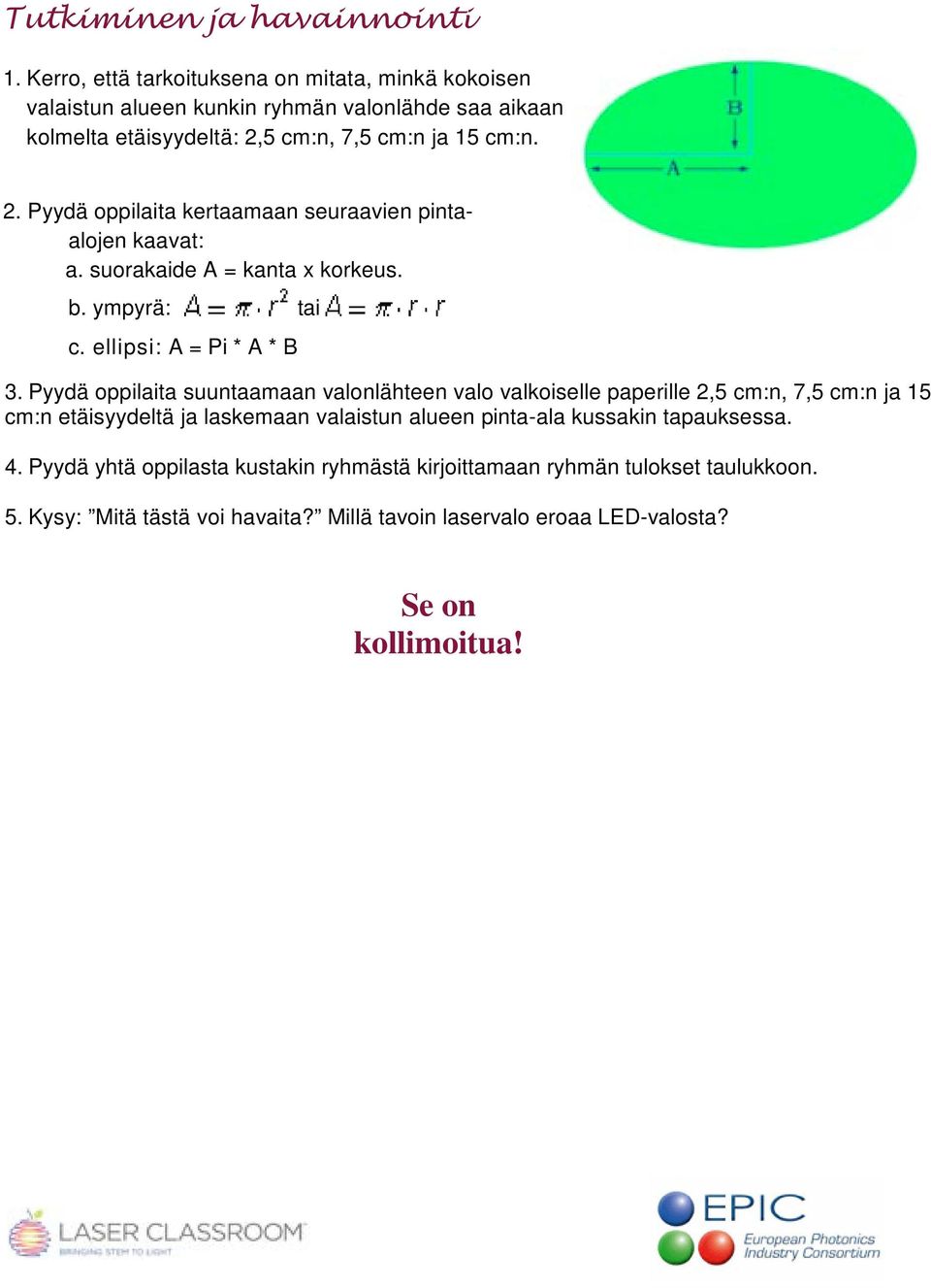 5 cm:n, 7,5 cm:n ja 15 cm:n. 2. Pyydä oppilaita kertaamaan seuraavien pintaalojen kaavat: a. suorakaide A = kanta x korkeus. b. ympyrä: tai c. ellipsi: A = Pi * A * B 3.