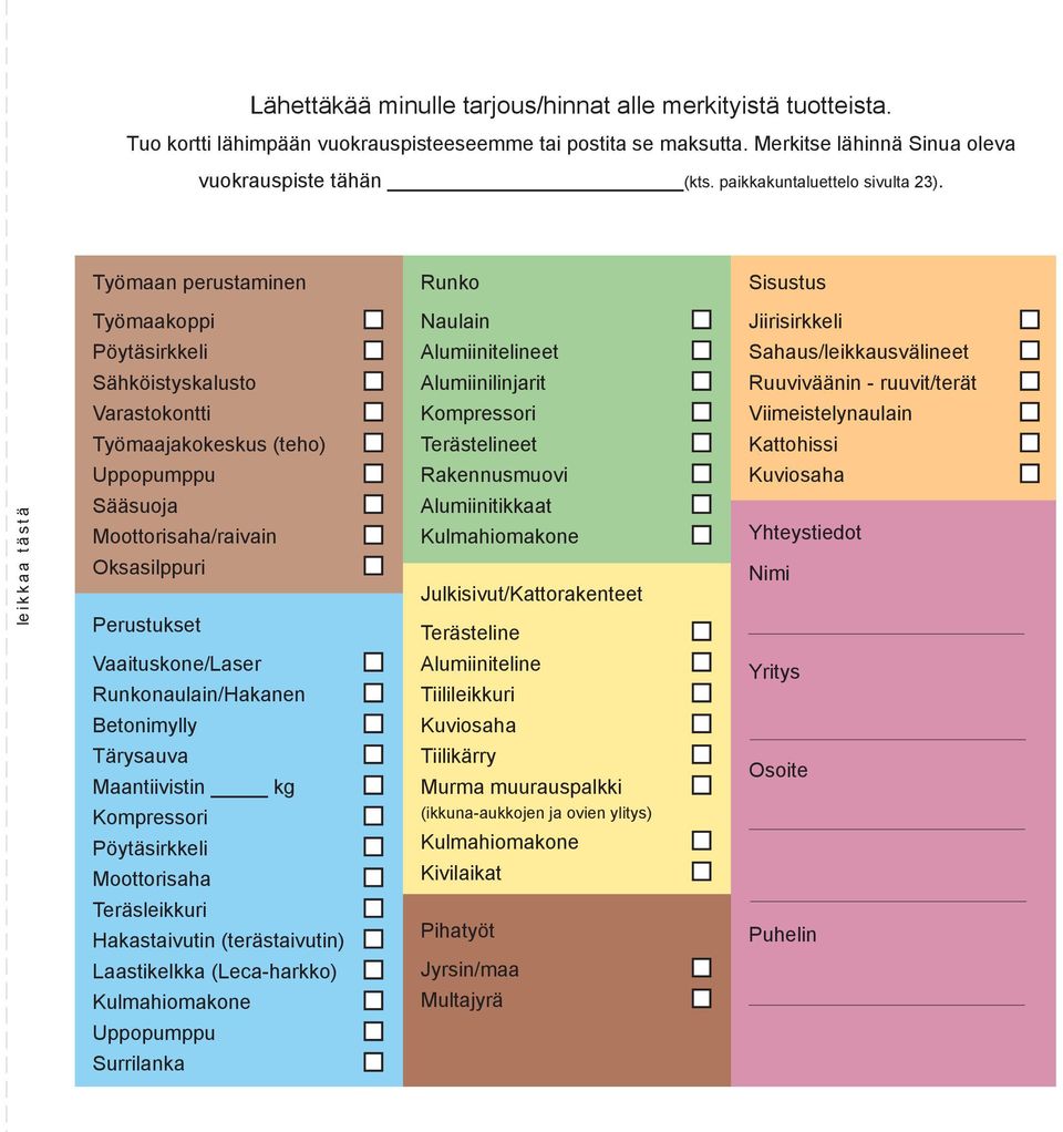 Työmaan perustaminen Runko Sisustus Työmaakoppi Naulain Jiirisirkkeli Pöytäsirkkeli Alumiinitelineet Sahaus/leikkausvälineet Sähköistyskalusto Alumiinilinjarit Ruuviväänin - ruuvit/terät