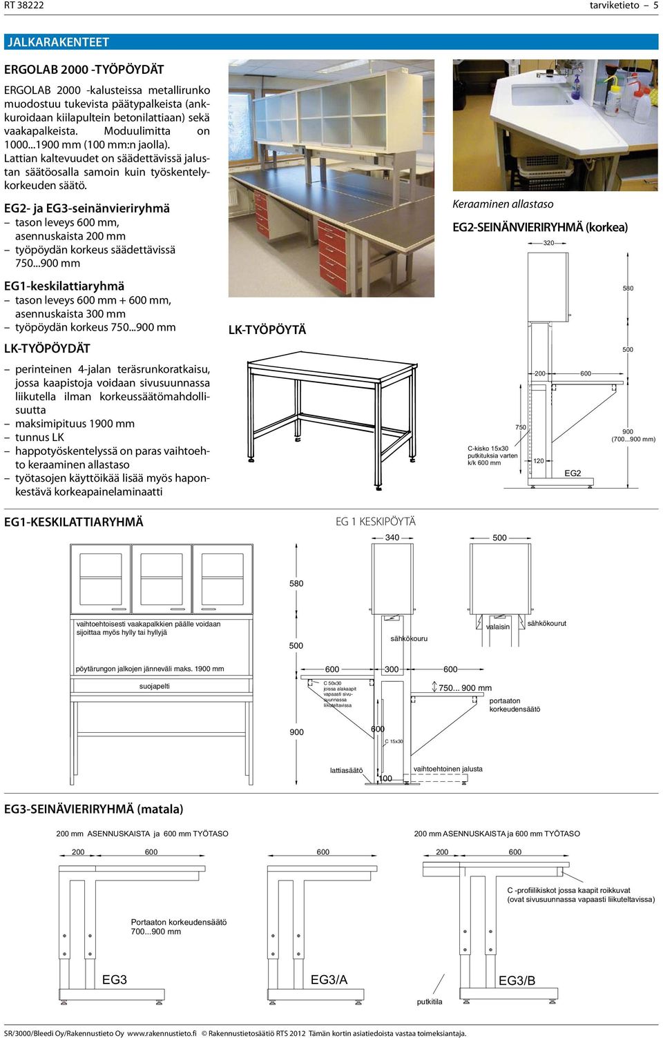 EG2- ja EG3-seinänvieriryhmä tason leveys mm, asennuskaista 200 mm työpöydän korkeus säädettävissä 750...900 mm EG1-keskilattiaryhmä tason leveys mm + mm, asennuskaista 300 mm työpöydän korkeus 750.