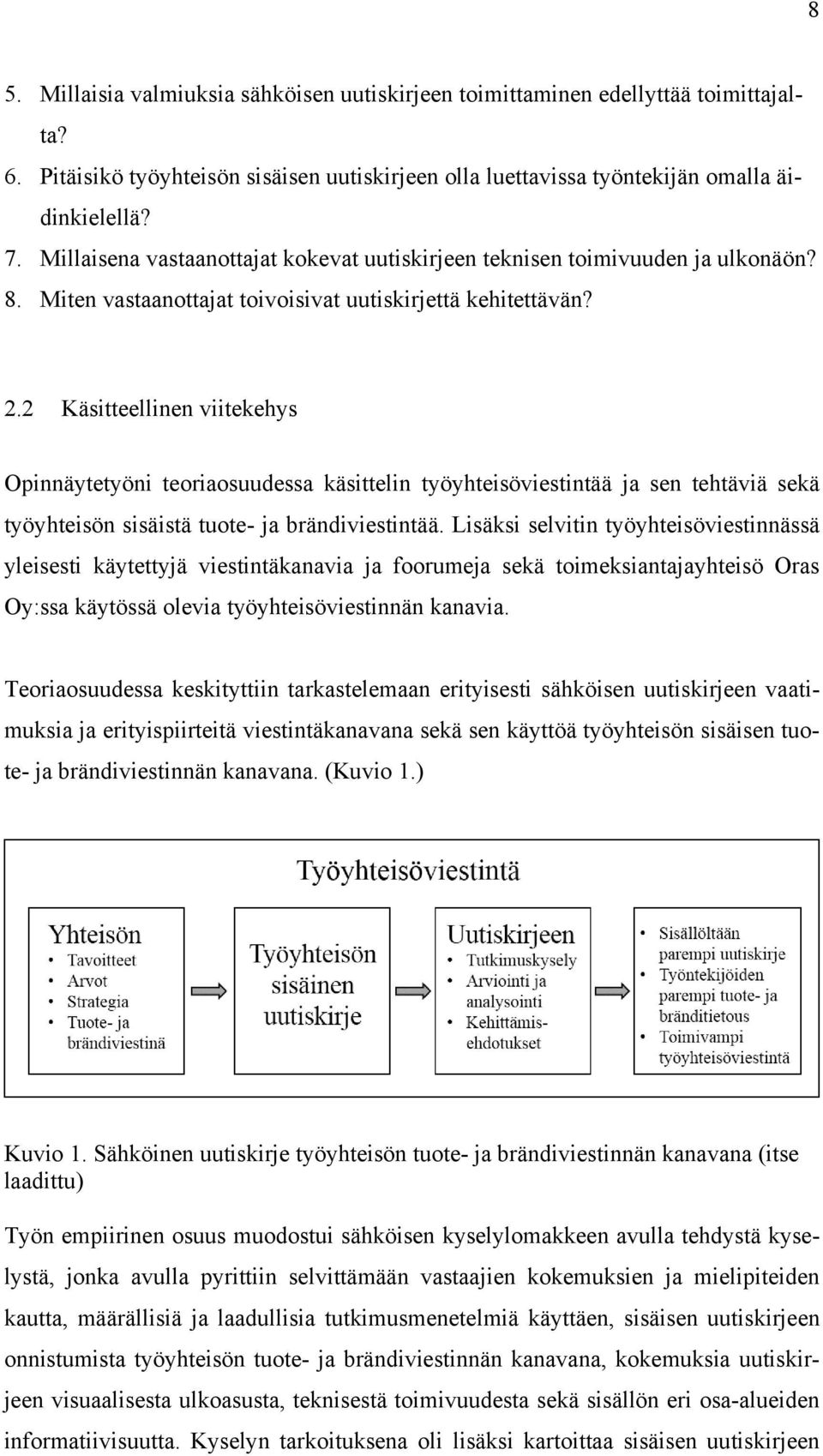 2 Käsitteellinen viitekehys Opinnäytetyöni teoriaosuudessa käsittelin työyhteisöviestintää ja sen tehtäviä sekä työyhteisön sisäistä tuote- ja brändiviestintää.