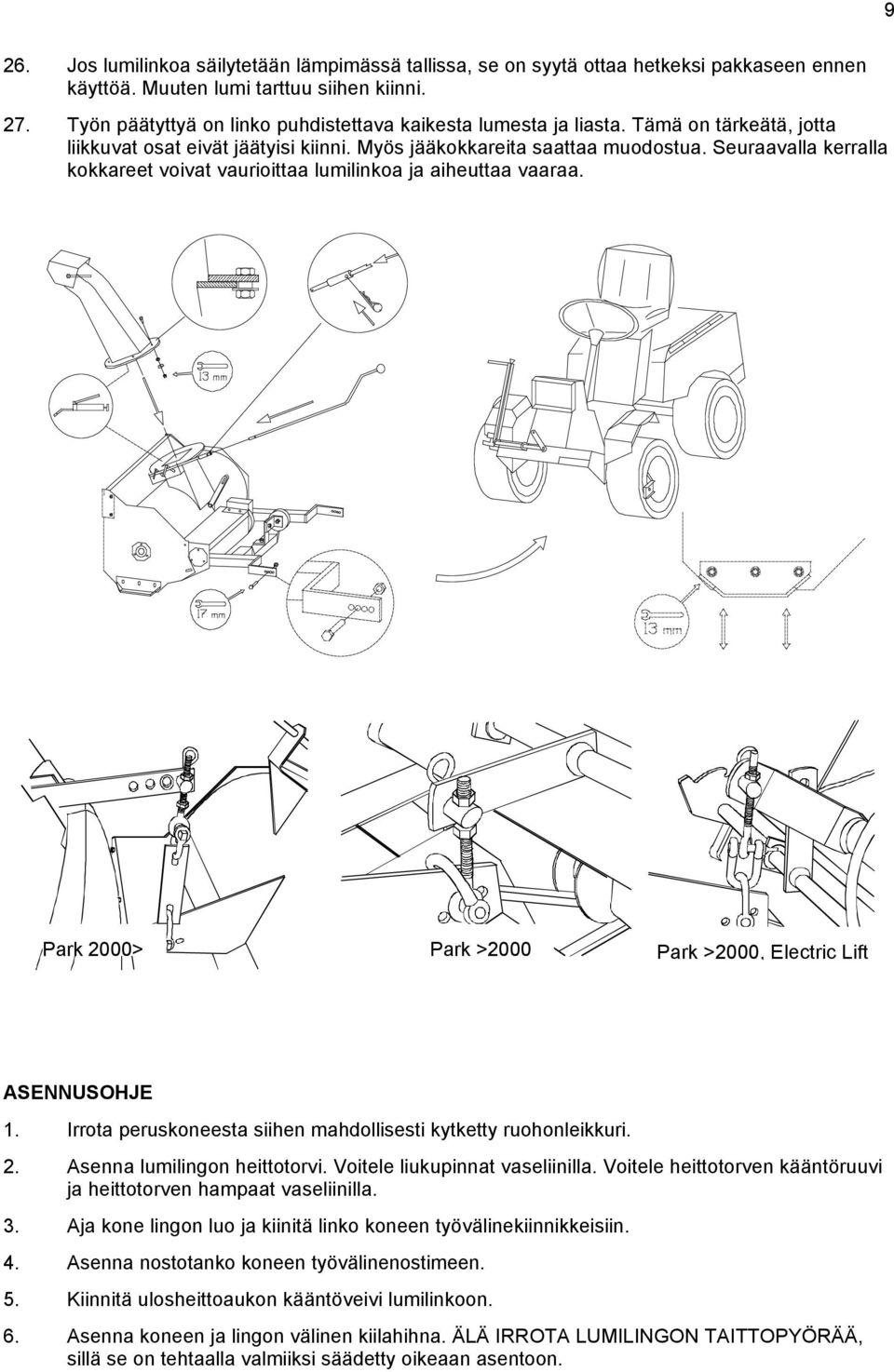 Seuraavalla kerralla kokkareet voivat vaurioittaa lumilinkoa ja aiheuttaa vaaraa. Park 2000> Park >2000 Park >2000, Electric Lift ASENNUSOHJE 1.
