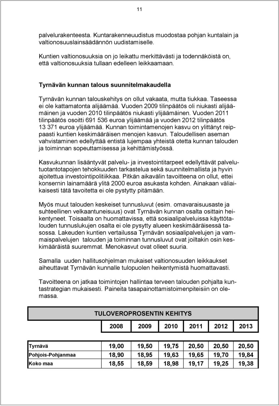 Tyrnävän kunnan talous suunnitelmakaudella Tyrnävän kunnan talouskehitys on ollut vakaata, mutta tiukkaa. Taseessa ei ole kattamatonta alijäämää.