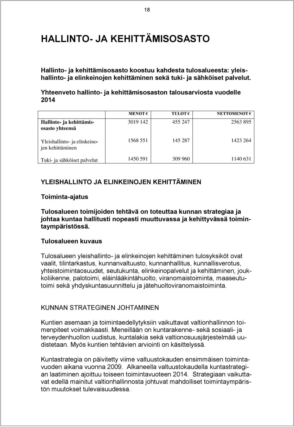 kehittäminen 1568 551 145 287 1423 264 Tuki- ja sähköiset palvelut 1450 591 309 960 1140 631 YLEISHALLINTO JA ELINKEINOJEN KEHITTÄMINEN Toiminta-ajatus Tulosalueen toimijoiden tehtävä on toteuttaa