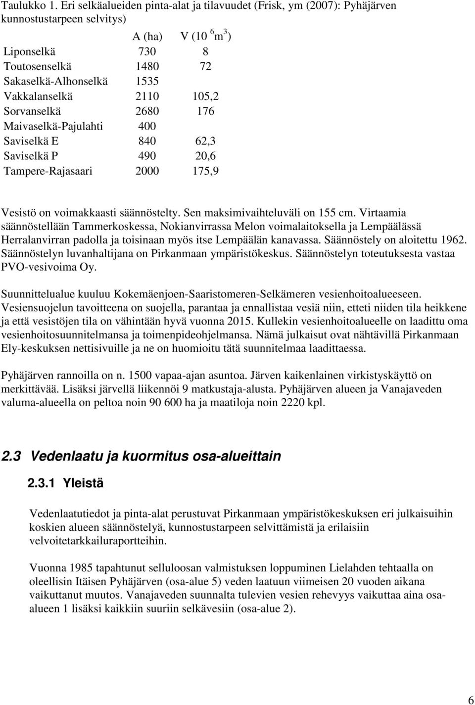 2110 105,2 Sorvanselkä 2680 176 Maivaselkä-Pajulahti 400 Saviselkä E 840 62,3 Saviselkä P 490 20,6 Tampere-Rajasaari 2000 175,9 Vesistö on voimakkaasti säännöstelty. Sen maksimivaihteluväli on 155 cm.