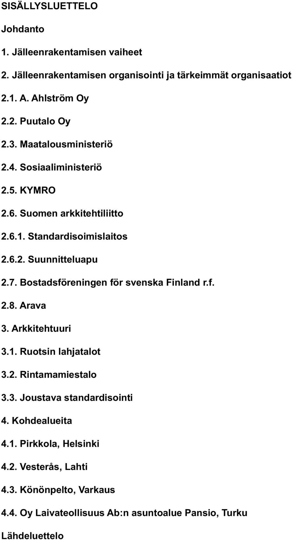 Bostadsföreningen för svenska Finland r.f. 2.8. Arava 3. Arkkitehtuuri 3.1. Ruotsin lahjatalot 3.2. Rintamamiestalo 3.3. Joustava standardisointi 4.
