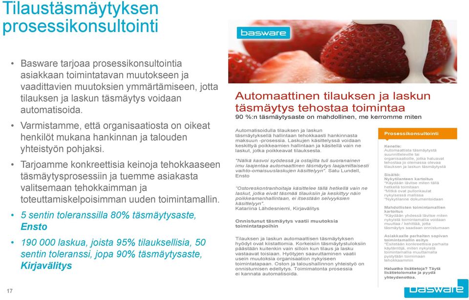 Tarjoamme konkreettisia keinoja tehokkaaseen täsmäytysprosessiin ja tuemme asiakasta valitsemaan tehokkaimman ja toteuttamiskelpoisimman uuden toimintamallin.