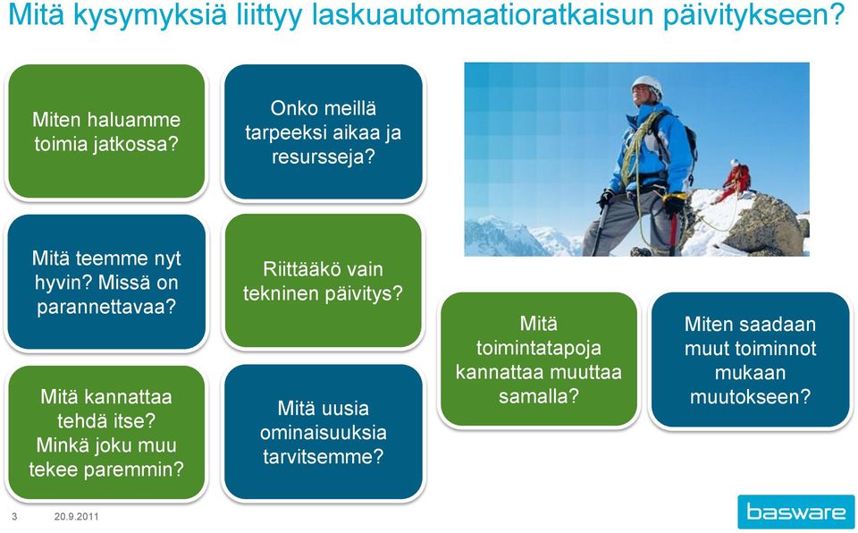 Mitä kannattaa tehdä itse? Minkä joku muu tekee paremmin? Riittääkö vain tekninen päivitys?