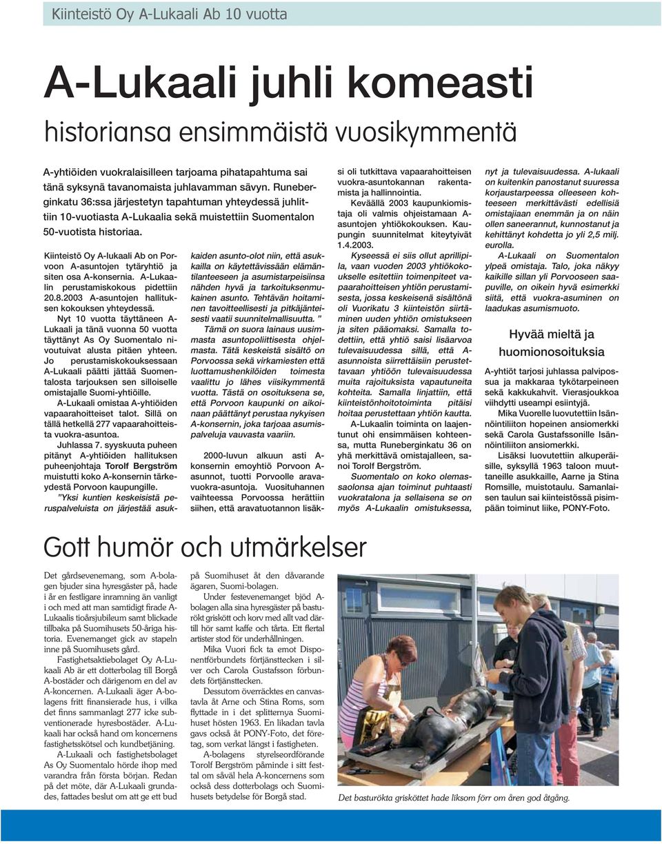 Kiinteistö Oy A-lukaali Ab on Porvoon A-asuntojen tytäryhtiö ja siten osa A-konsernia. A-Lukaalin perustamiskokous pidettiin 20.8.2003 A-asuntojen hallituksen kokouksen yhteydessä.