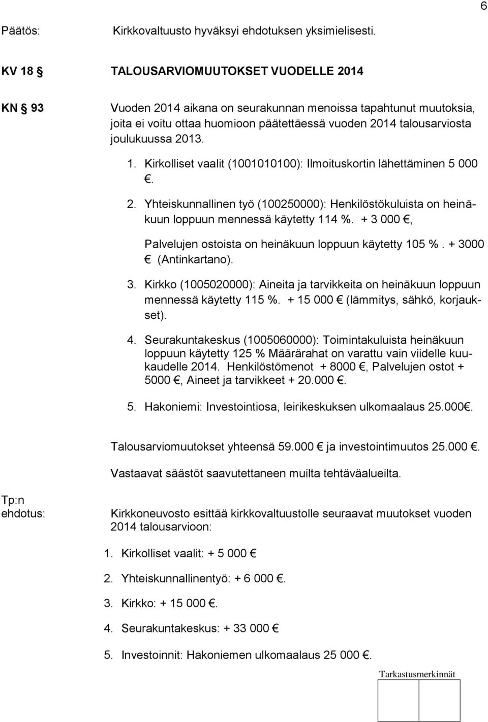 1. Kirkolliset vaalit (1001010100): Ilmoituskortin lähettäminen 5 000. 2. Yhteiskunnallinen työ (100250000): Henkilöstökuluista on heinäkuun loppuun mennessä käytetty 114 %.