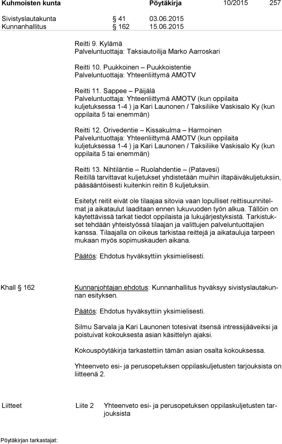 Sappee Päijälä Palveluntuottaja: Yhteenliittymä AMOTV (kun oppilaita kuljetuksessa 1-4 ) ja Kari Launonen / Taksiliike Vaskisalo Ky (kun oppilaita 5 tai enemmän) Reitti 12.