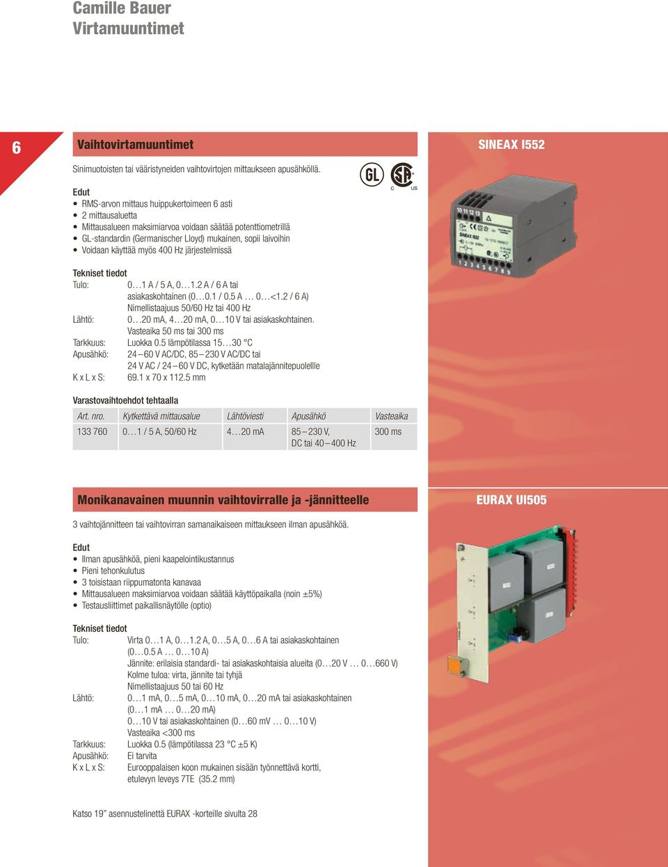 myös 400 Hz järjestelmissä Tulo: 0 1 A / 5 A, 0 1.2 A / 6 A tai asiakaskohtainen (0 0.1 / 0.5 A 0 <1.2 / 6 A) Nimellistaajuus 50/60 Hz tai 400 Hz Lähtö: 0 20 ma, 4 20 ma, 0 10 V tai asiakaskohtainen.