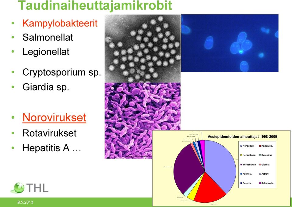 ; 1 G i a r d i a ; 1 Vesiepidemioiden aiheuttajat 1998-2009 Norovirus Kampylob.