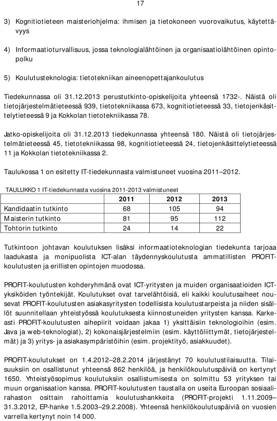 Näistä oli tietojärjestelmätieteessä 939, tietotekniikassa 673, kognitiotieteessä 33, tietojenkäsittelytieteessä 9 ja Kokkolan tietotekniikassa 78. Jatko-opiskelijoita oli 31.12.