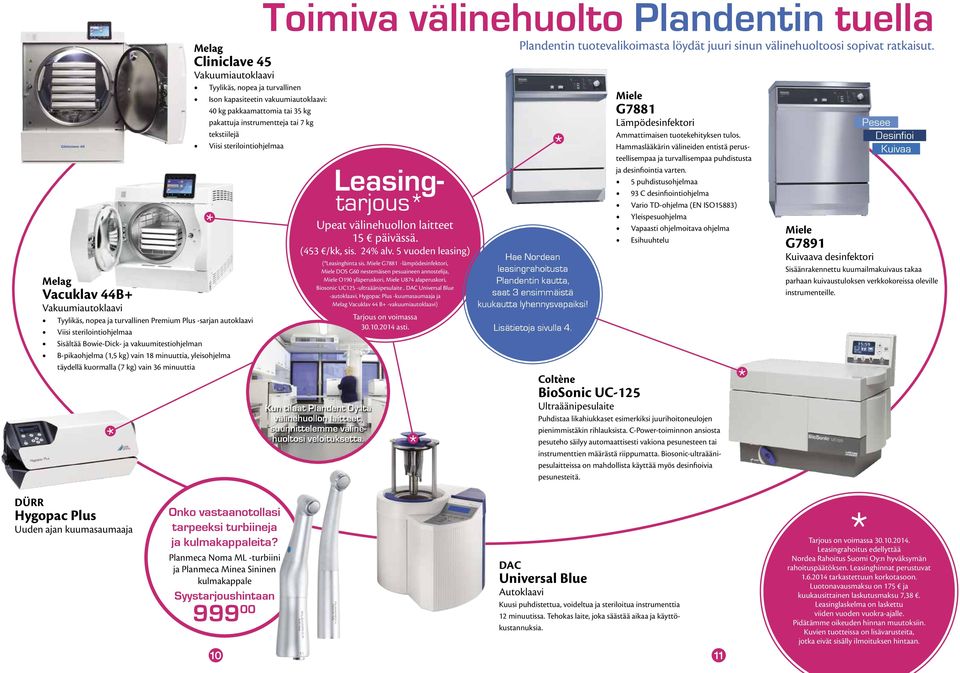 pakkaamattomia tai 35 kg pakattuja instrumentteja tai 7 kg tekstiilejä Viisi sterilointiohjelmaa Toimiva välinehuolto Plandentin tuella Upeat välinehuollon laitteet 15 päivässä. (453 /kk, sis.