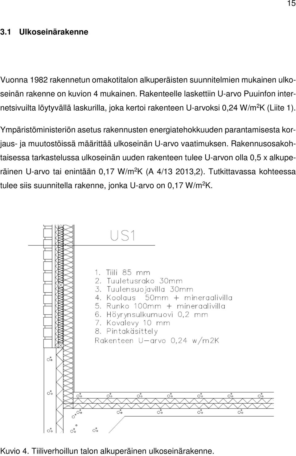 Ympäristöministeriön asetus rakennusten energiatehokkuuden parantamisesta korjaus- ja muutostöissä määrittää ulkoseinän U-arvo vaatimuksen.