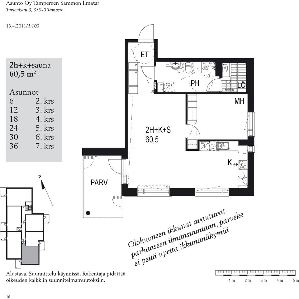 krs Ö 2H+K+S 60,5 M M Ö MH K P K Olohuoneen ikkunat avautuvat parhaaseen ilmansuuntaan, parveke ei