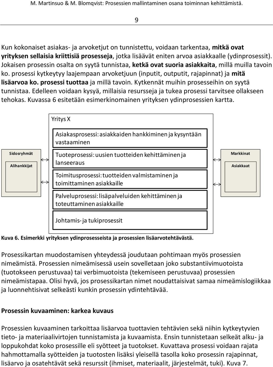 prosessi tuottaa ja millä tavoin. Kytkennät muihin prosesseihin on syytä tunnistaa. Edelleen voidaan kysyä, millaisia resursseja ja tukea prosessi tarvitsee ollakseen tehokas.