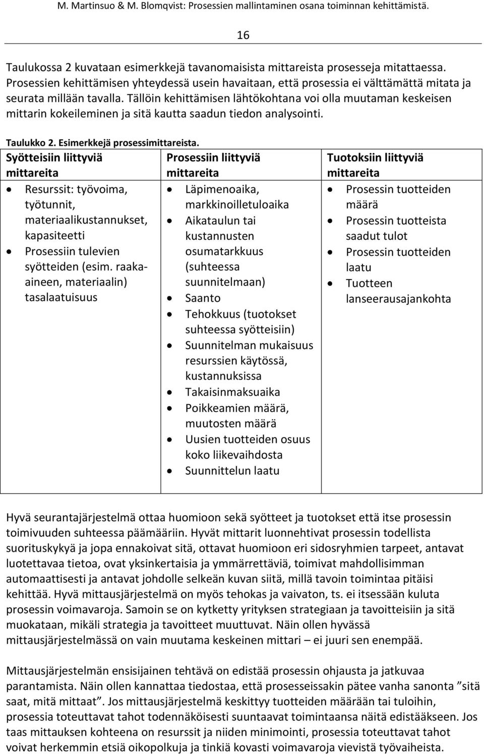 Tällöin kehittämisen lähtökohtana voi olla muutaman keskeisen mittarin kokeileminen ja sitä kautta saadun tiedon analysointi. Taulukko 2. Esimerkkejä prosessimittareista.