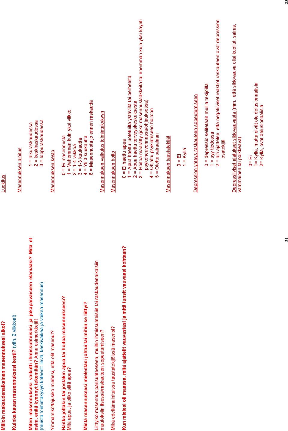 , että sikiövauva olisi kuollut, sairas, vammainen tai poikkeava) 0= Ei 1= Kyllä, mutta eivät ole delusionaalisia 2= Kyllä, ovat delusionaalisia 25 Milloin raskaudenaikainen masennuksesi alkoi?