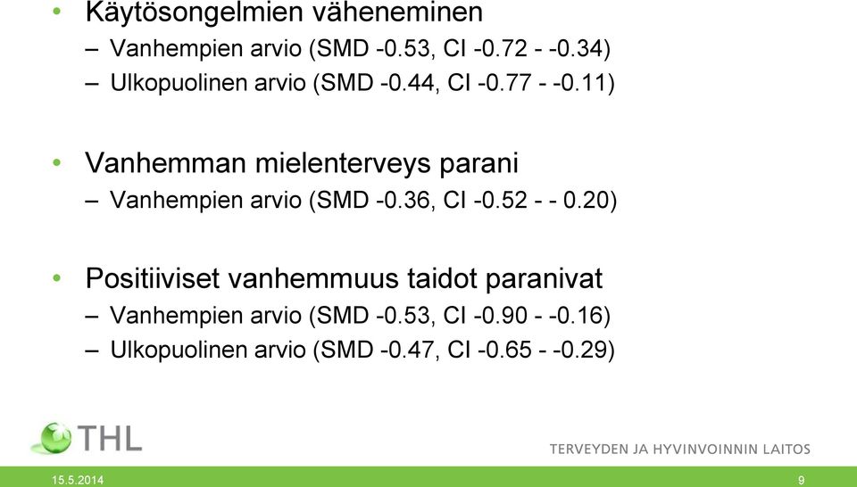 11) Vanhemman mielenterveys parani Vanhempien arvio (SMD -0.36, CI -0.52 - - 0.