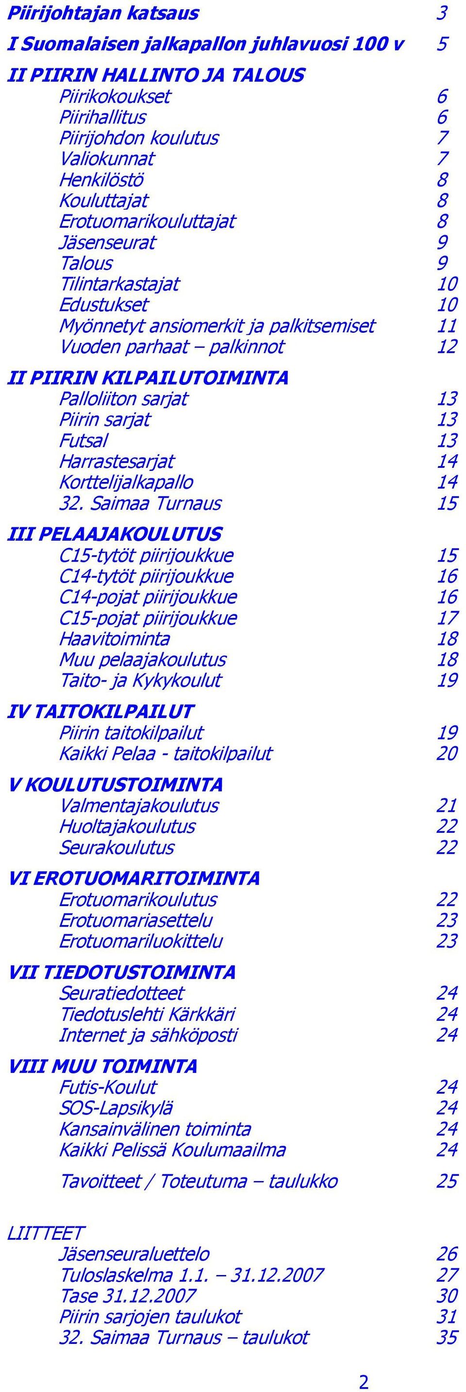 Piirin sarjat 13 Futsal 13 Harrastesarjat 14 Korttelijalkapallo 14 32.