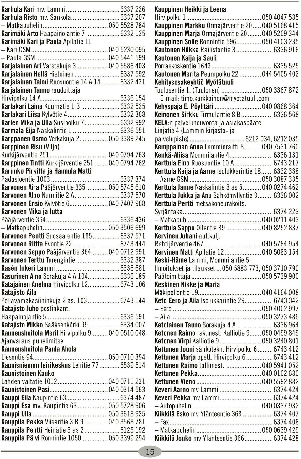 .. 6332 431 Karjalainen Tauno raudoittaja Hirvipolku 14 A... 6336 154 Karlakari Laina Kuurnatie 1 B... 6332 525 Karlakari Liisa Kylvötie 4... 6332 368 Karlen Mika ja Ulla Susipolku 7.