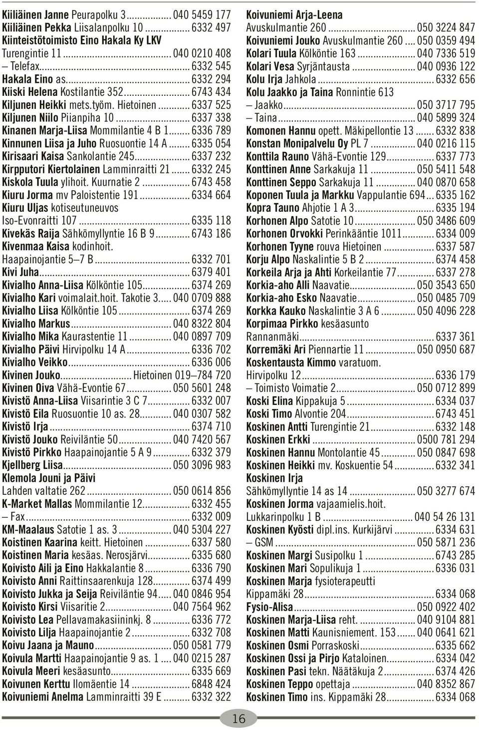 .. 6336 789 Kinnunen Liisa ja Juho Ruosuontie 14 A... 6335 054 Kirisaari Kaisa Sankolantie 245... 6337 232 Kirpputori Kiertolainen Lamminraitti 21... 6332 245 Kiskola Tuula ylihoit. Kuurnatie 2.