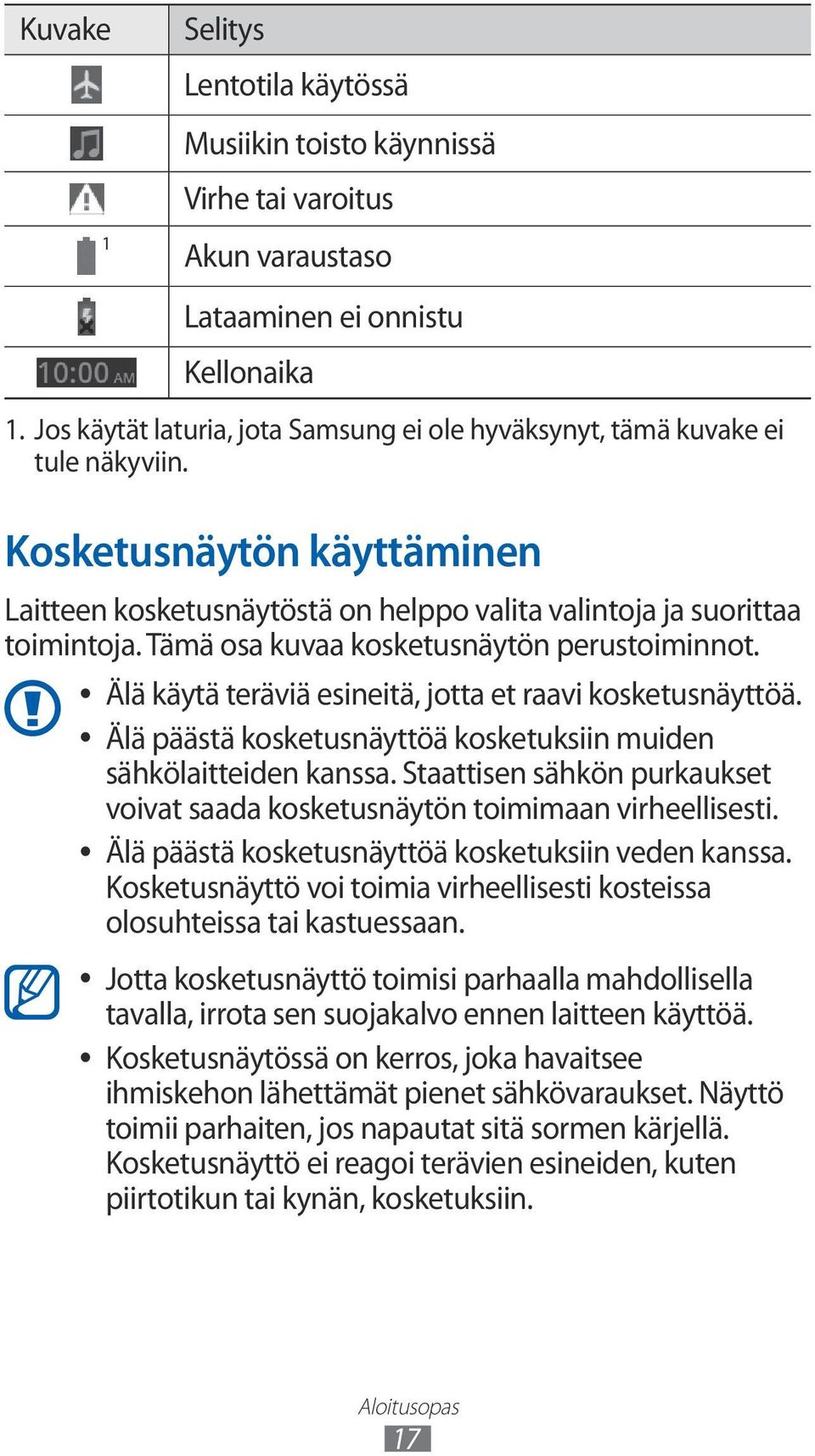 Tämä osa kuvaa kosketusnäytön perustoiminnot. 1 Älä käytä teräviä esineitä, jotta et raavi kosketusnäyttöä. Älä päästä kosketusnäyttöä kosketuksiin muiden sähkölaitteiden kanssa.