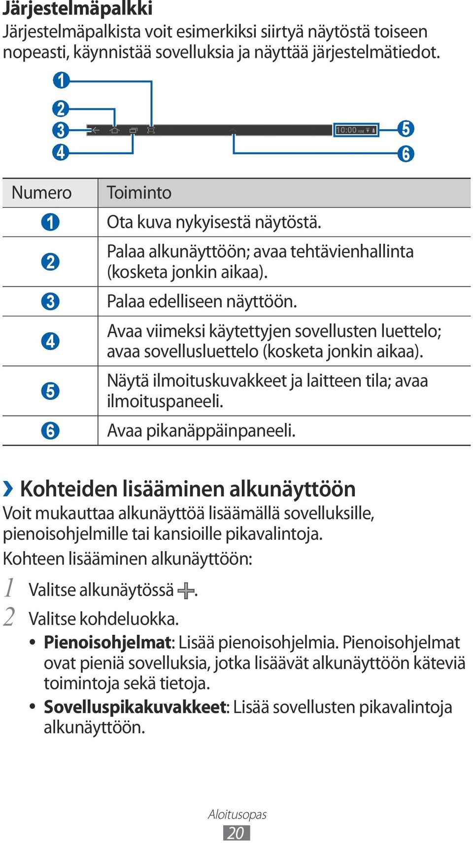 Näytä ilmoituskuvakkeet ja laitteen tila; avaa ilmoituspaneeli. 6 Avaa pikanäppäinpaneeli.