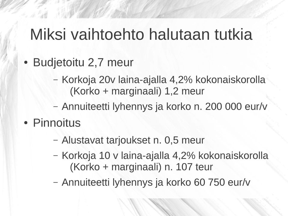 200 000 eur/v Pinnoitus Alustavat tarjoukset n.