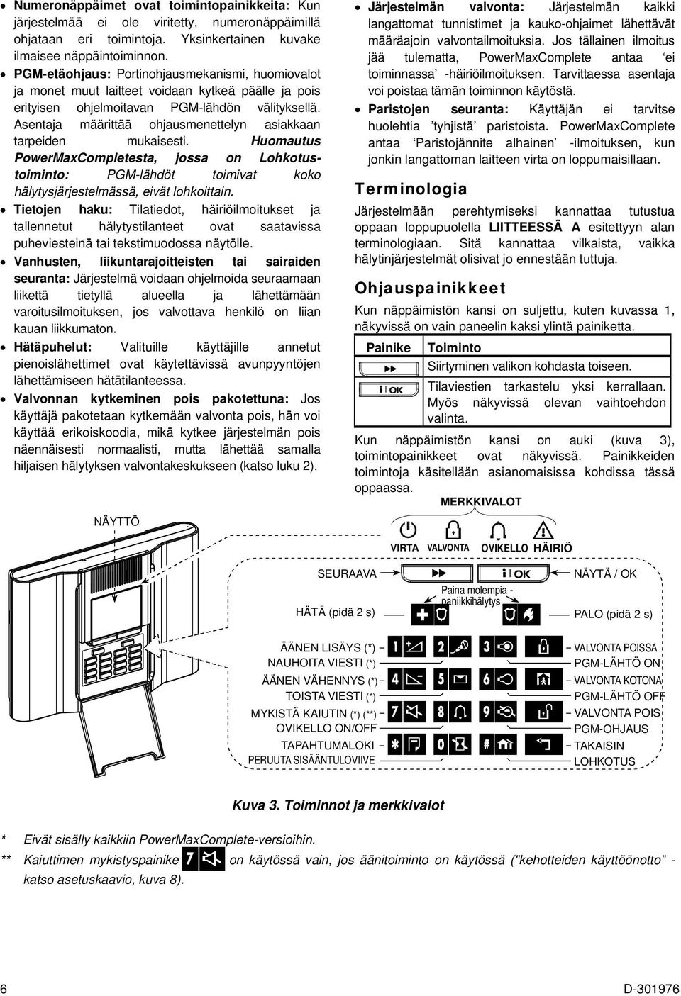 Asentaja määrittää ohjausmenettelyn asiakkaan tarpeiden mukaisesti. Huomautus PowerMaxCompletesta, jossa on Lohkotustoiminto: PGM-lähdöt toimivat koko hälytysjärjestelmässä, eivät lohkoittain.