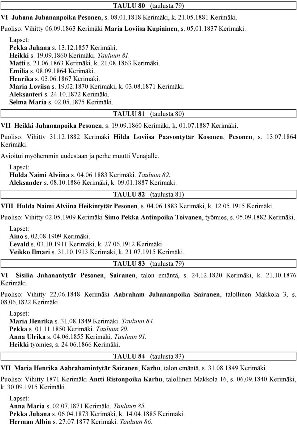 1872 Selma Maria s. 02.05.1875 TAULU 81 (taulusta 80) VII Heikki Juhananpoika Pesonen, s. 19.09.1860 Kerimäki, k. 01.07.1887 Puoliso: Vihitty 31.12.