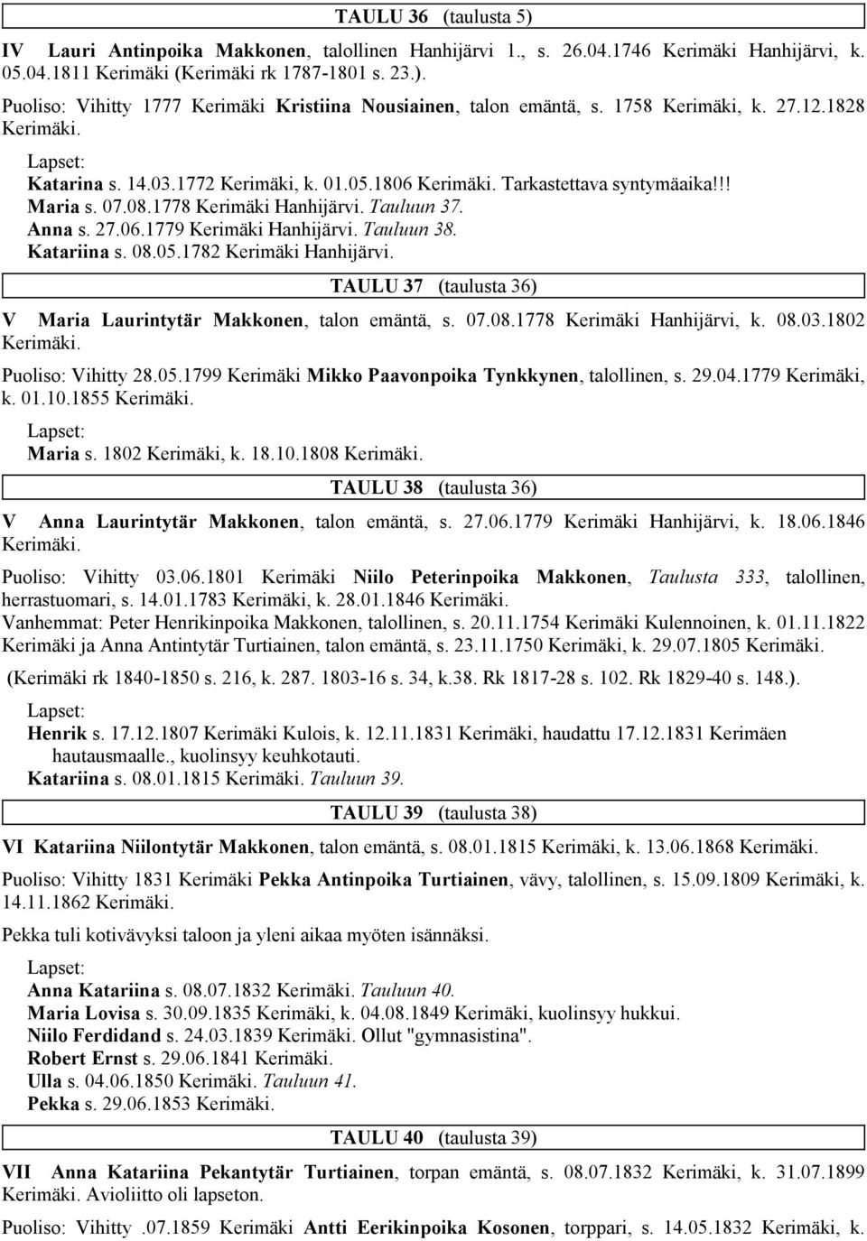 Tauluun 38. Katariina s. 08.05.1782 Kerimäki Hanhijärvi. TAULU 37 (taulusta 36) V Maria Laurintytär Makkonen, talon emäntä, s. 07.08.1778 Kerimäki Hanhijärvi, k. 08.03.1802 Puoliso: Vihitty 28.05.1799 Kerimäki Mikko Paavonpoika Tynkkynen, talollinen, s.