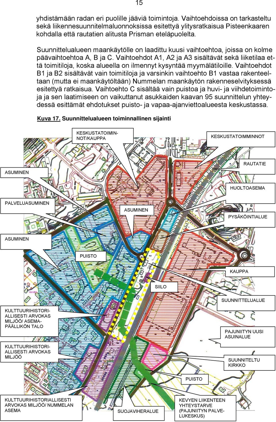 Suunnittelualueen maankäytölle on laadittu kuusi vaihtoehtoa, joissa on kolme päävaihtoehtoa A, B ja C.