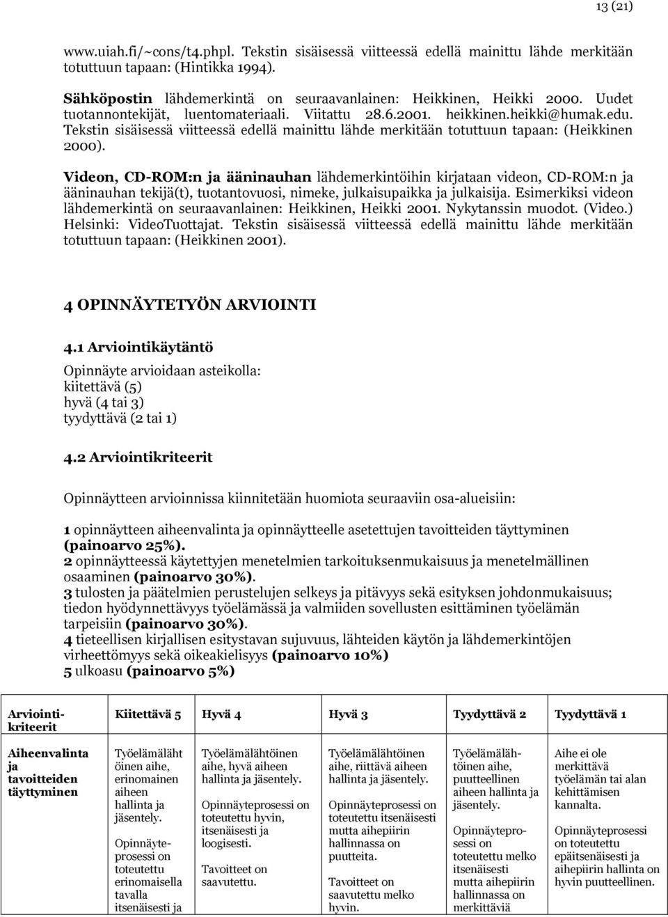 Tekstin sisäisessä viitteessä edellä mainittu lähde merkitään totuttuun tapaan: (Heikkinen 2000).