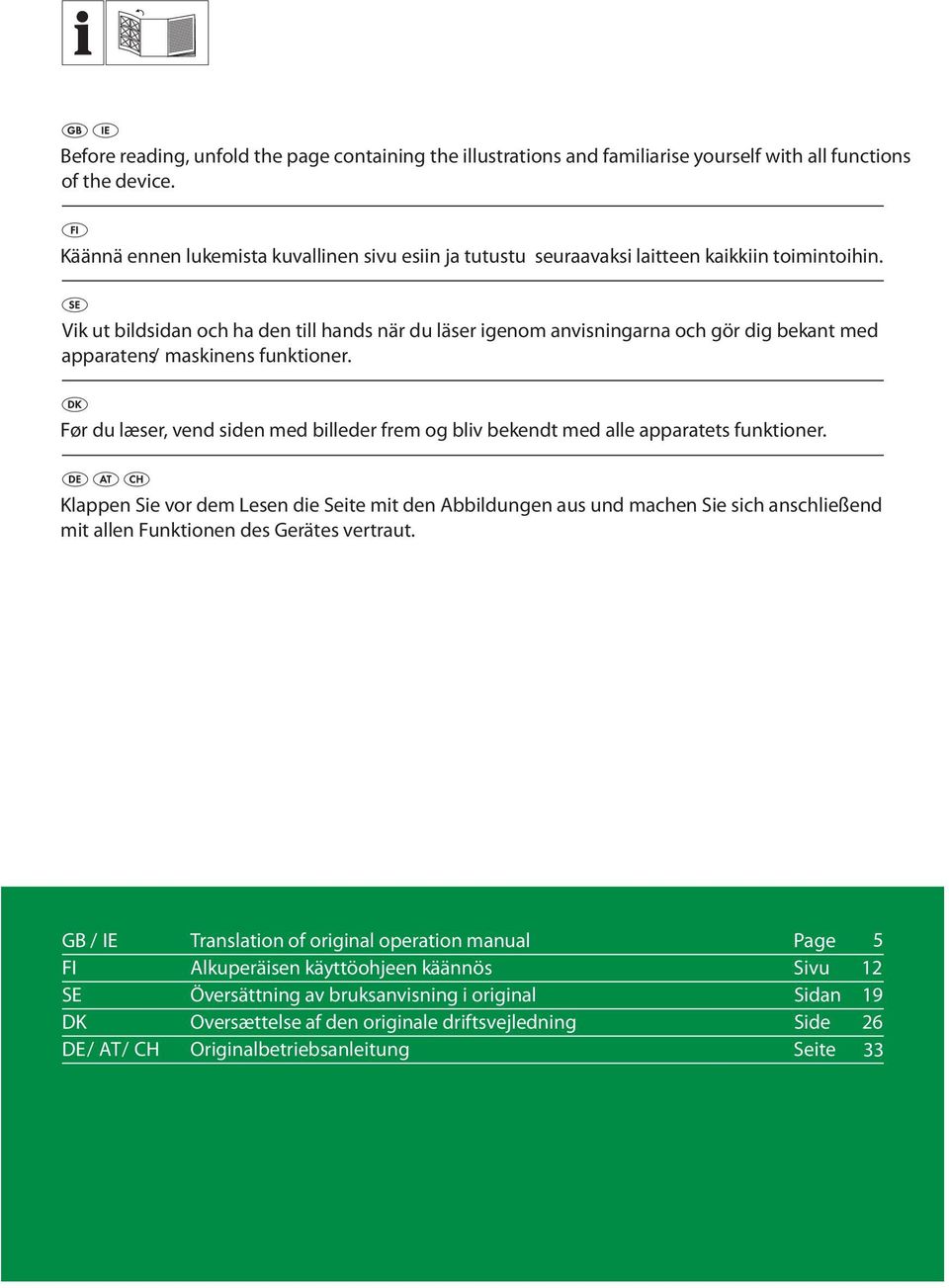 Vik ut bildsidan och ha den till hands när du läser igenom anvisningarna och gör dig bekant med apparatens/ maskinens funktioner.