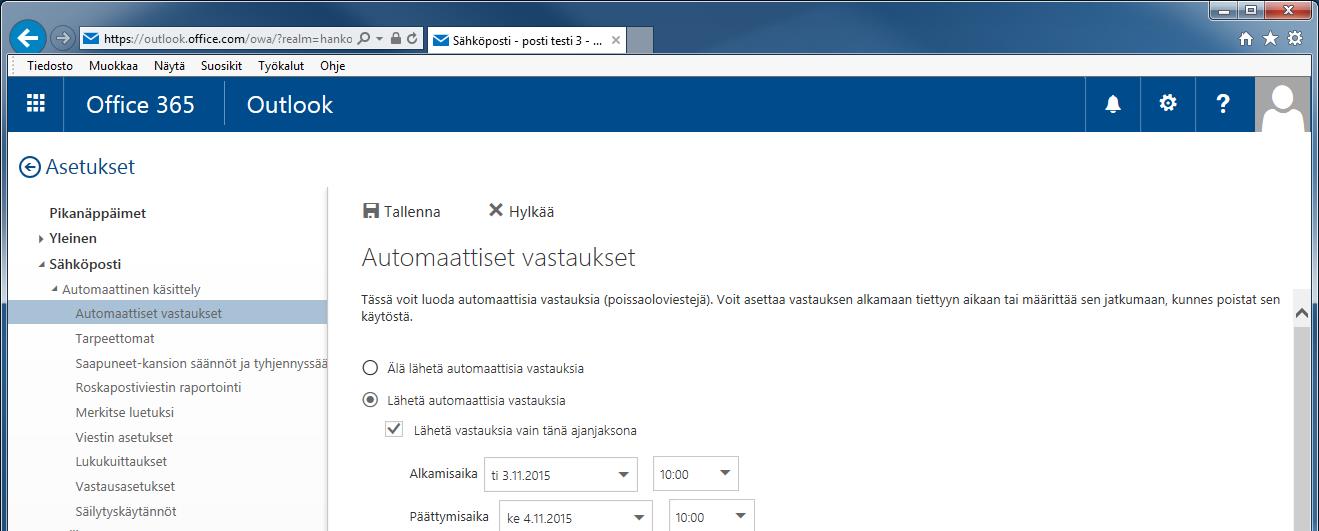 4. AUTOMAATTISET VASTAUKSET (POISSAOLOILMOITUKSET YMS.) Samasta asetusikkunasta voit lisätä esimerkiksi loma- tai muun poissaoloilmoituksen.