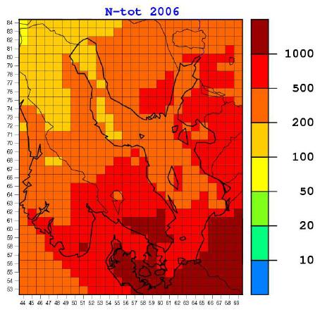 TYPPILASKEUMA Suomen eteläisten merialueiden typpilaskeuma oli vuonna 2006 200 500 mg m -2 v -1 (EMEP 2008). Perämerellä typpilaskeuma oli selvästi vähäisempää, 100 200 mg m -2 v -1 (Kuva 4.7.1-6).