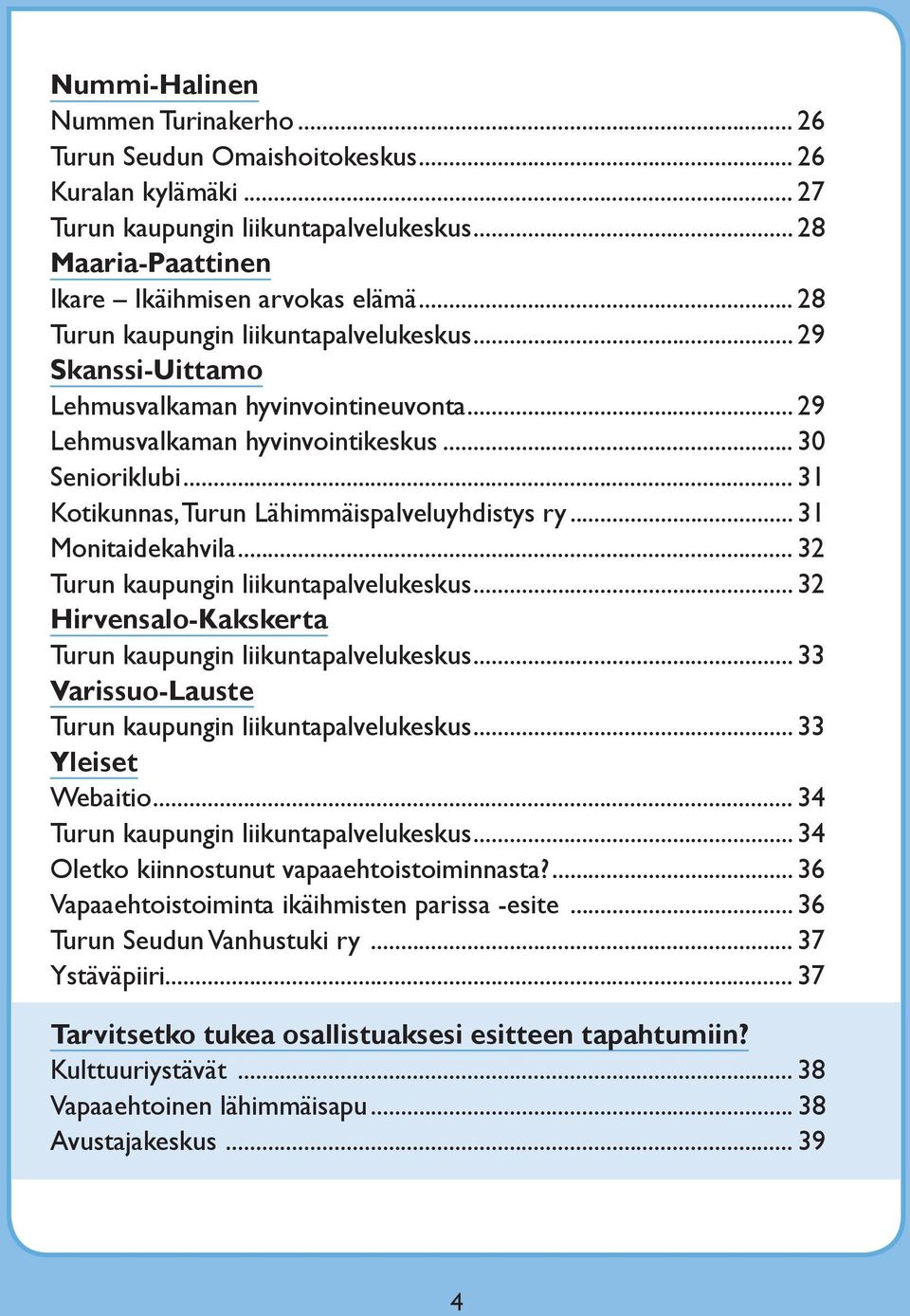 .. 31 Kotikunnas, Turun Lähimmäispalveluyhdistys ry... 31 Monitaidekahvila... 32 Turun kaupungin liikuntapalvelukeskus... 32 Hirvensalo-Kakskerta Turun kaupungin liikuntapalvelukeskus.