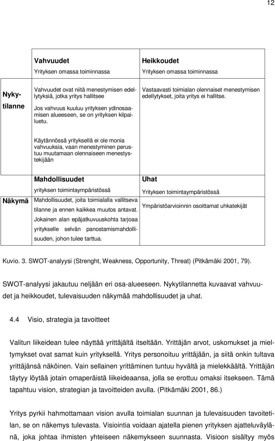 Käytännössä yrityksellä ei ole monia vahvuuksia, vaan menestyminen perustuu muutamaan olennaiseen menestystekijään Mahdollisuudet Uhat yrityksen toimintaympäristössä Näkymä Mahdollisuudet, joita