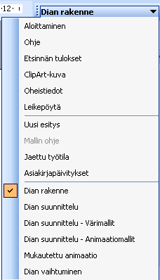 Eri näkymät 1. Normaali yksittäisen dian muokkaaminen 2. Dialajittelu yleiskuva esityksestä diojen järjestyksen vaihtaminen 3. Diaesitys (F5) tai: Näytä valikosta 1.