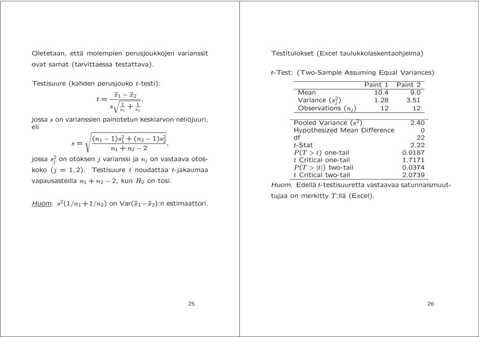 j varianssi ja n j on vastaava otoskoko (j =1, 2). Testisuure t noudattaa t-jakaumaa vapausasteilla n 1 + n 2 2, kun H 0 on tosi. Huom. s 2 (1/n 1 +1/n 2 )onvar(¹x 1 ¹x 2 ):n estimaattori.