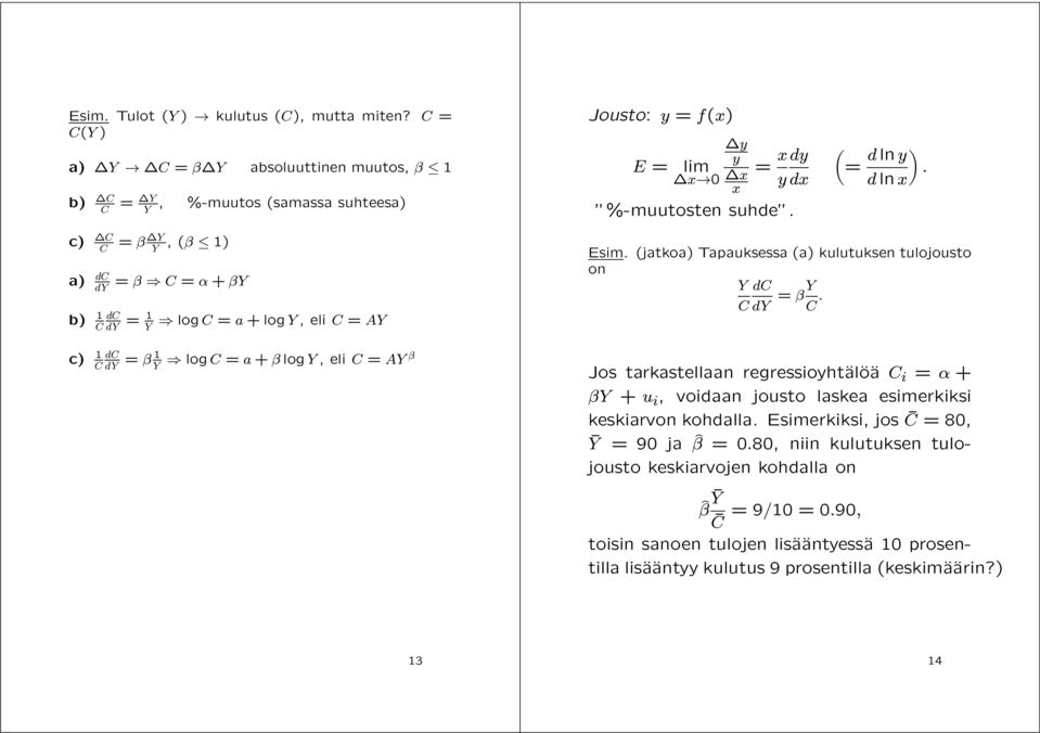 d ln x c) C C = Y,( 1) Y a) dc dy = C = + Y b) 1 dc C dy = 1 Y log C = a +logy,elic = AY Esim. (jatkoa) Tapauksessa (a) kulutuksen tulojousto on Y dc C dy = Y C.