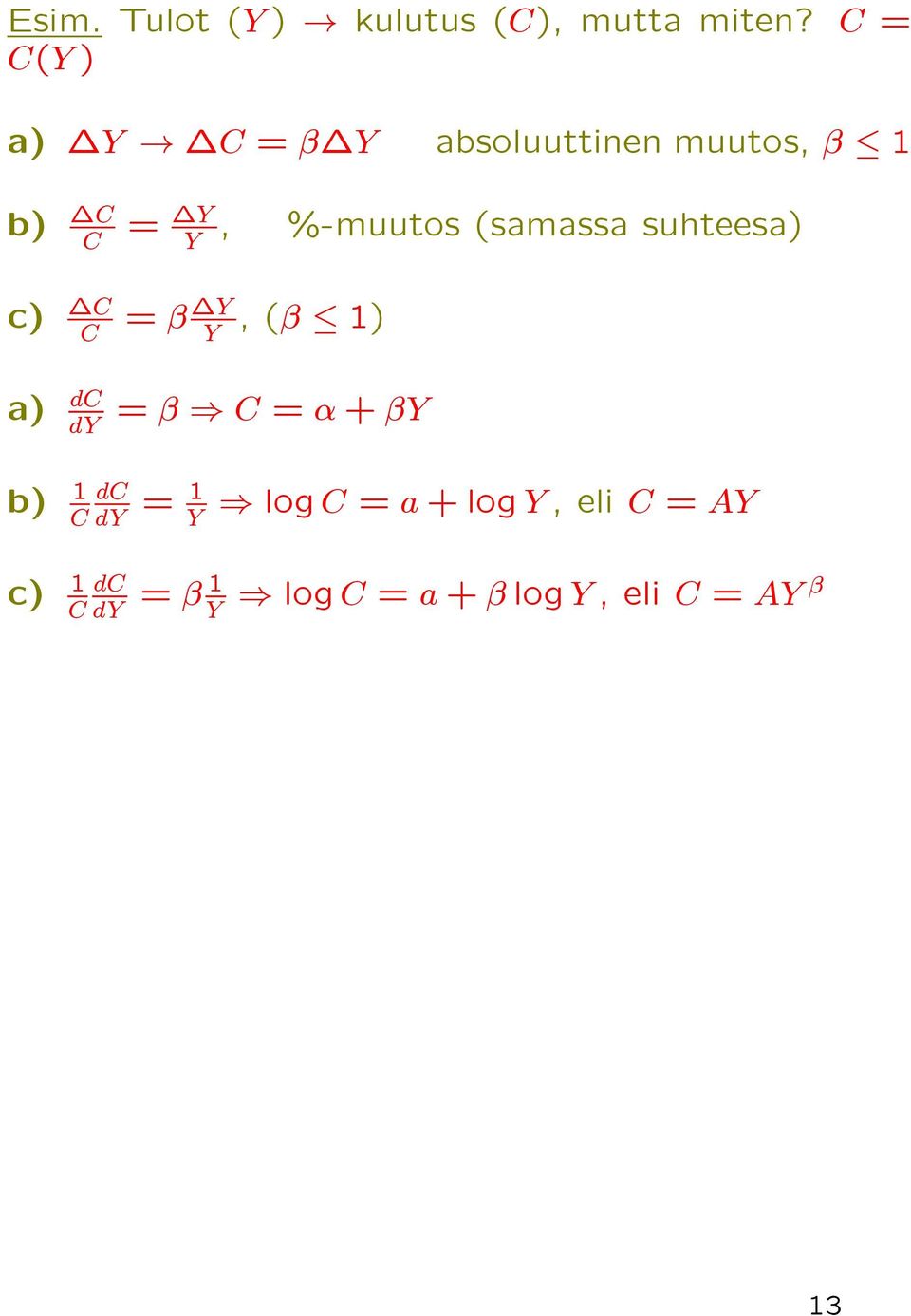 (samassa suhteesa) Y c) C C = β Y,(β 1) Y a) dc dy = β C = α + βy b)