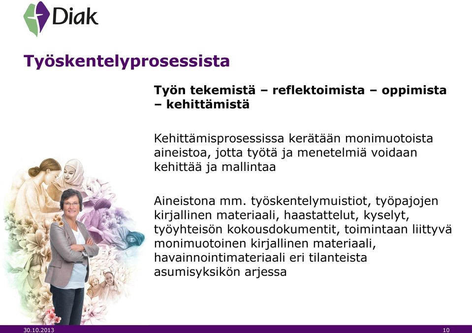 työskentelymuistiot, työpajojen kirjallinen materiaali, haastattelut, kyselyt, työyhteisön kokousdokumentit,